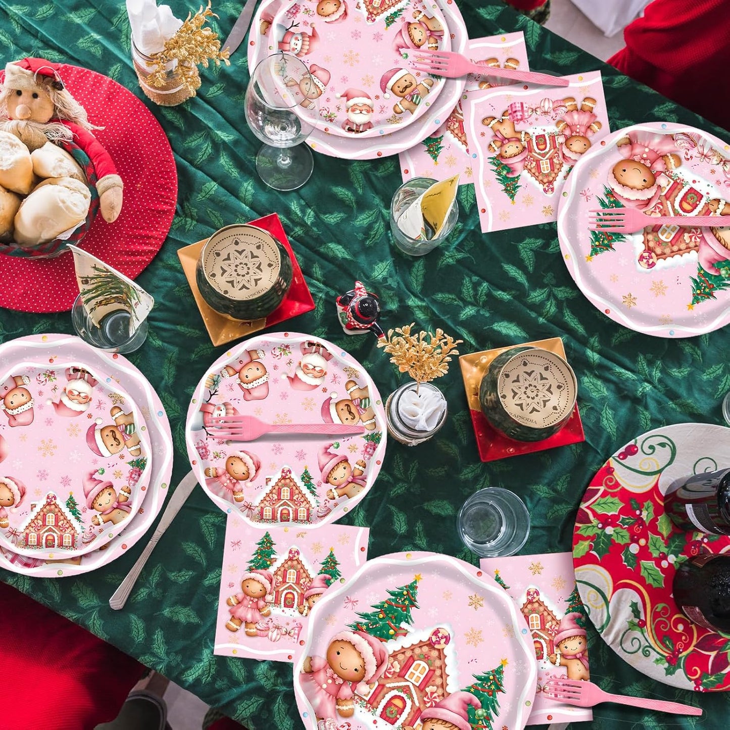 100 Pcs Pink Gingerbread Christmas Tableware Party Supplies – Disposable Holiday Dinnerware Set with Paper Plates, Napkins, and Pink Forks for Christmas Party, Winter Celebration – Serves 25 Guests