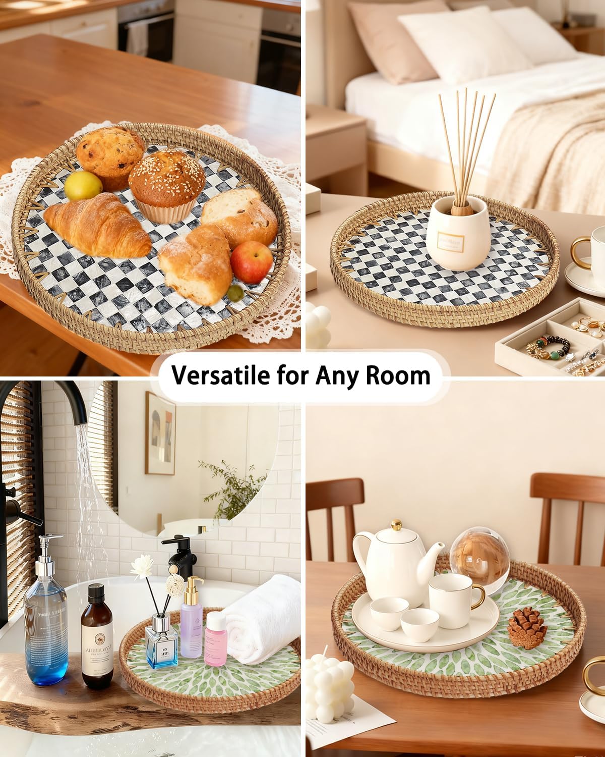 Round Rattan Tray with Mother of Pearl Inlay, Decorative Serving Tray with Wooden Base, Woven Wicker Tray for Coffee, Bread, Fruits, Home Decor(Black Checkerboard, 11.8")