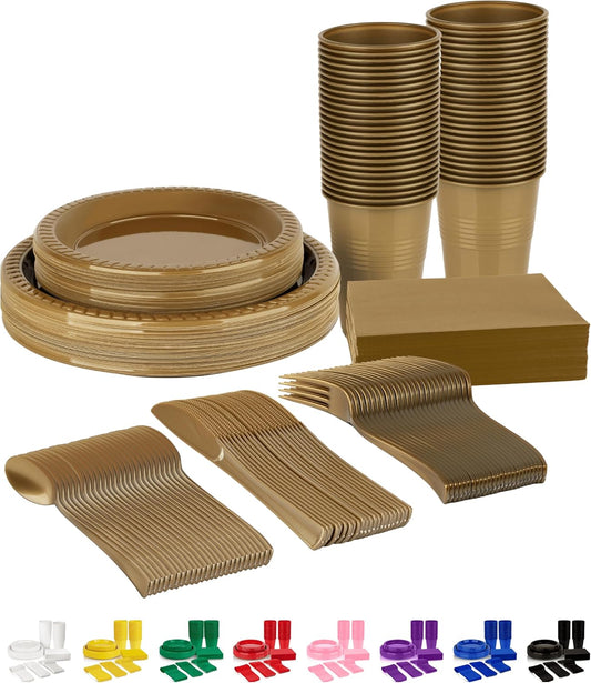 Grandipity 350 Piece Gold Disposable Dinnerware Set, Includes 50 of Each: 9" Dinner Plates, 7" Dessert Plates, 12oz Cups, Paper Napkins, Forks, Knives & Spoons