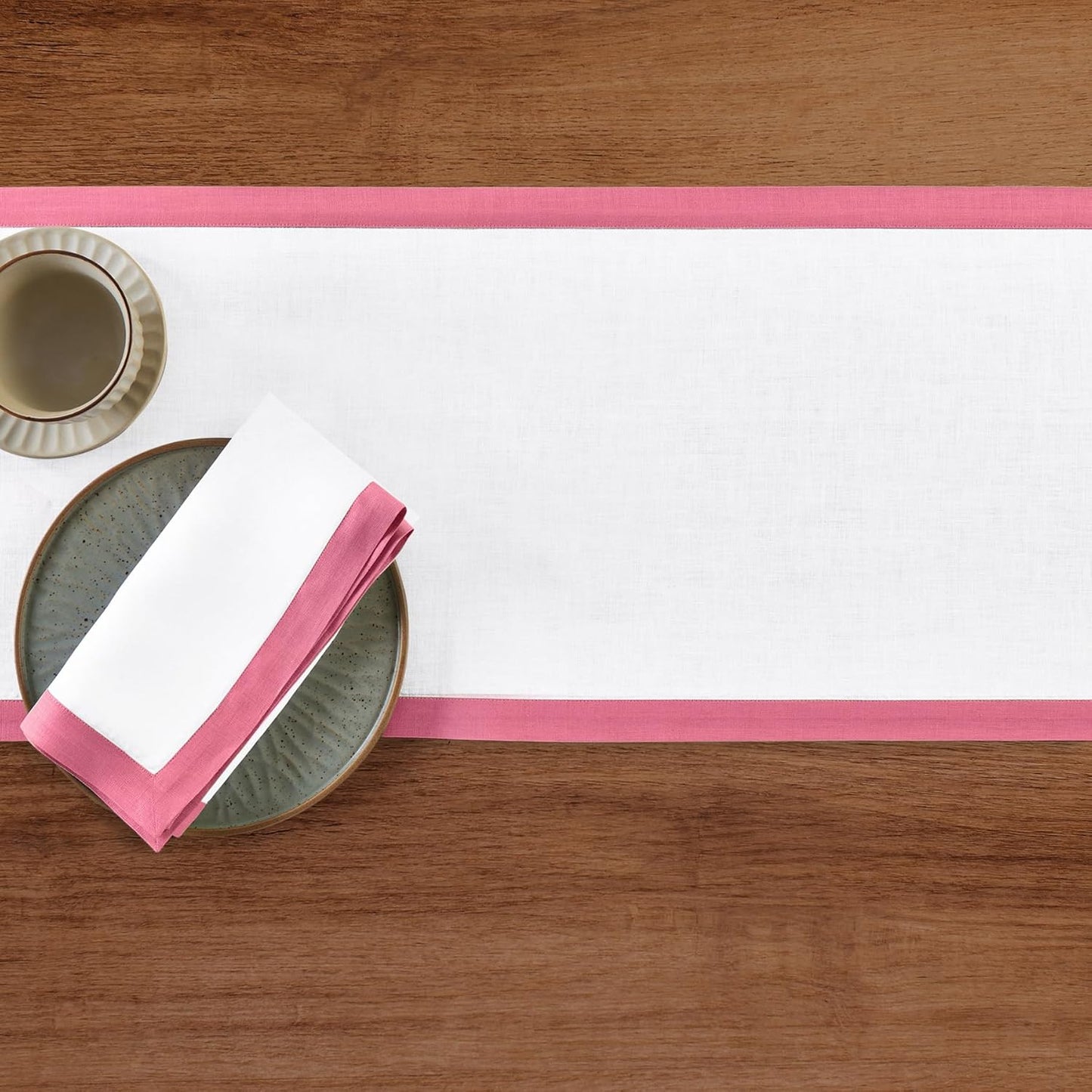 Solino Home Linen Table Runner 48 Inches - 100% Pure Linen Pink Carnation and White Short Table Runner 14 x 48 Inch Ideal for Dresser and Coffee Tables - Fall, Halloween, Thanksgiving - Classic