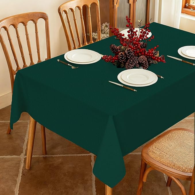 Fabric Green Christmas Rectangle Tablecloth, Faux Linen Textured Table Cloth for 6ft Rectangular Table, Water Resistant & Washable for Dinig Party Holiday Decoration, 60 x 84 Inch