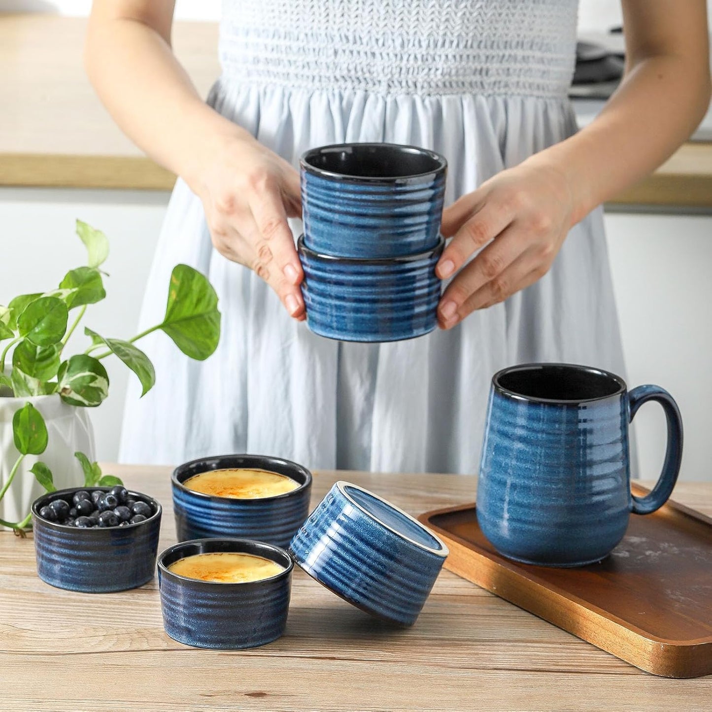 Ceramic 4 oz Ramekins,Small Souffle Dishes Set of 6, Mini Baking Bowls for Kitchen, Porcelain Dipping Sauce Cups for Creme Brulee, Pudding, Ice Cream, Lava Cakes, Microwave & Oven Safe, Blue