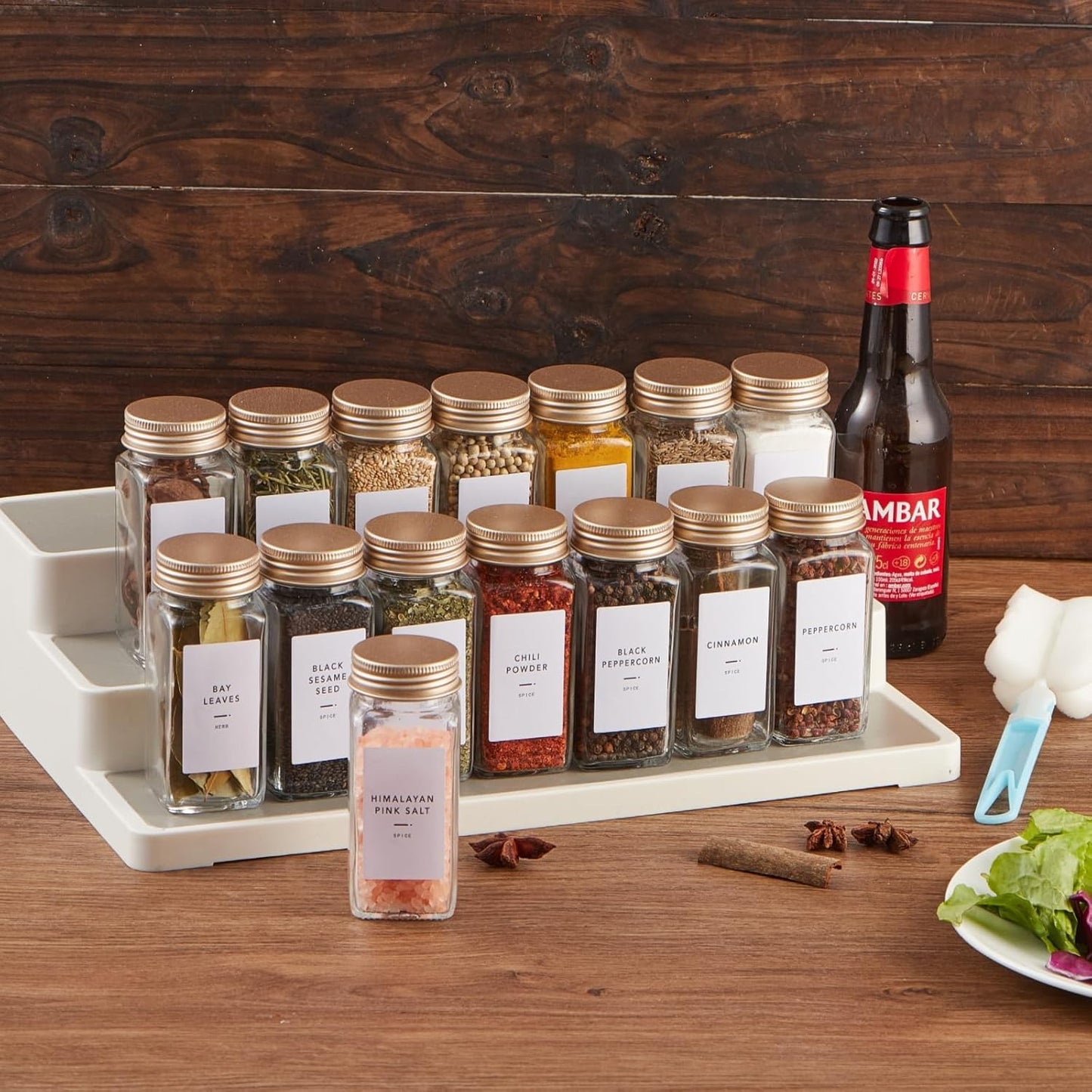 36 Pcs Spice Jars with Label- Glass Spice Jars with Gold Metal Caps,Shaker Lids, Funnel, Chalk Pen, Brush,Cleaning Cloth,Skiileor 4oz Seasoning Containers Bottles for Spice Rack, Cabinet, Drawer