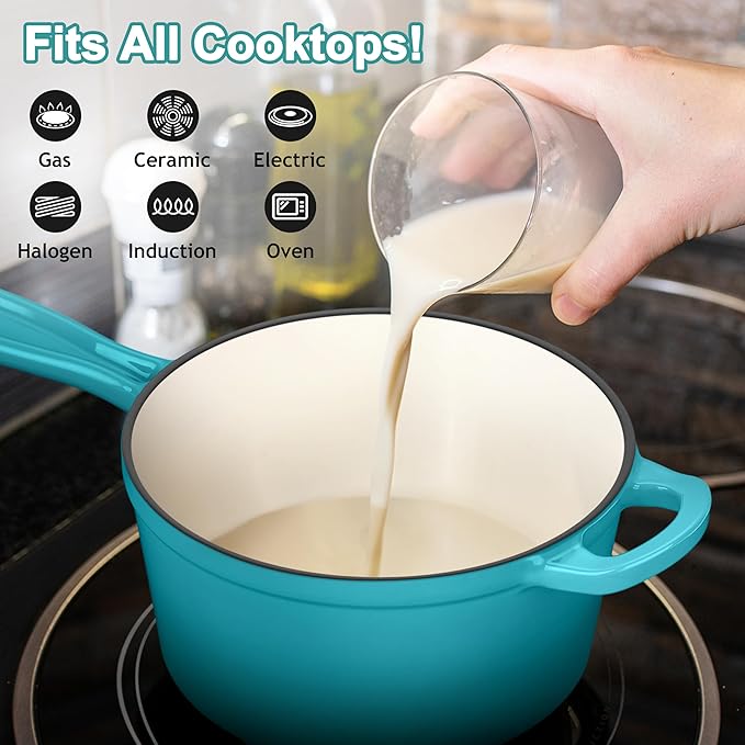 1 Qt & 2 Qt Sauce Pan Sets, Leonyo Enameled Cast Iron Sauce Pan with Lid, Small Saucepan Cast Iron Dutch Oven Kitchen Cookware for All Cooktops Cooking Pasta, Milk, Oatmeal - Up to 500°F, Lake Green