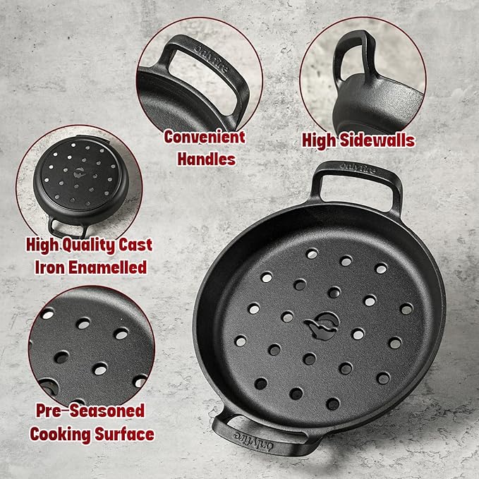 onlyfire Pre-Seasoned Cast Iron Skillet, Frying Pan with Nonstick Perforated Grill Surface and Dual Handles, 10 Inch Cast Iron Pan - Compatible With All Stovetops - Oven Safe & Rust Resistant