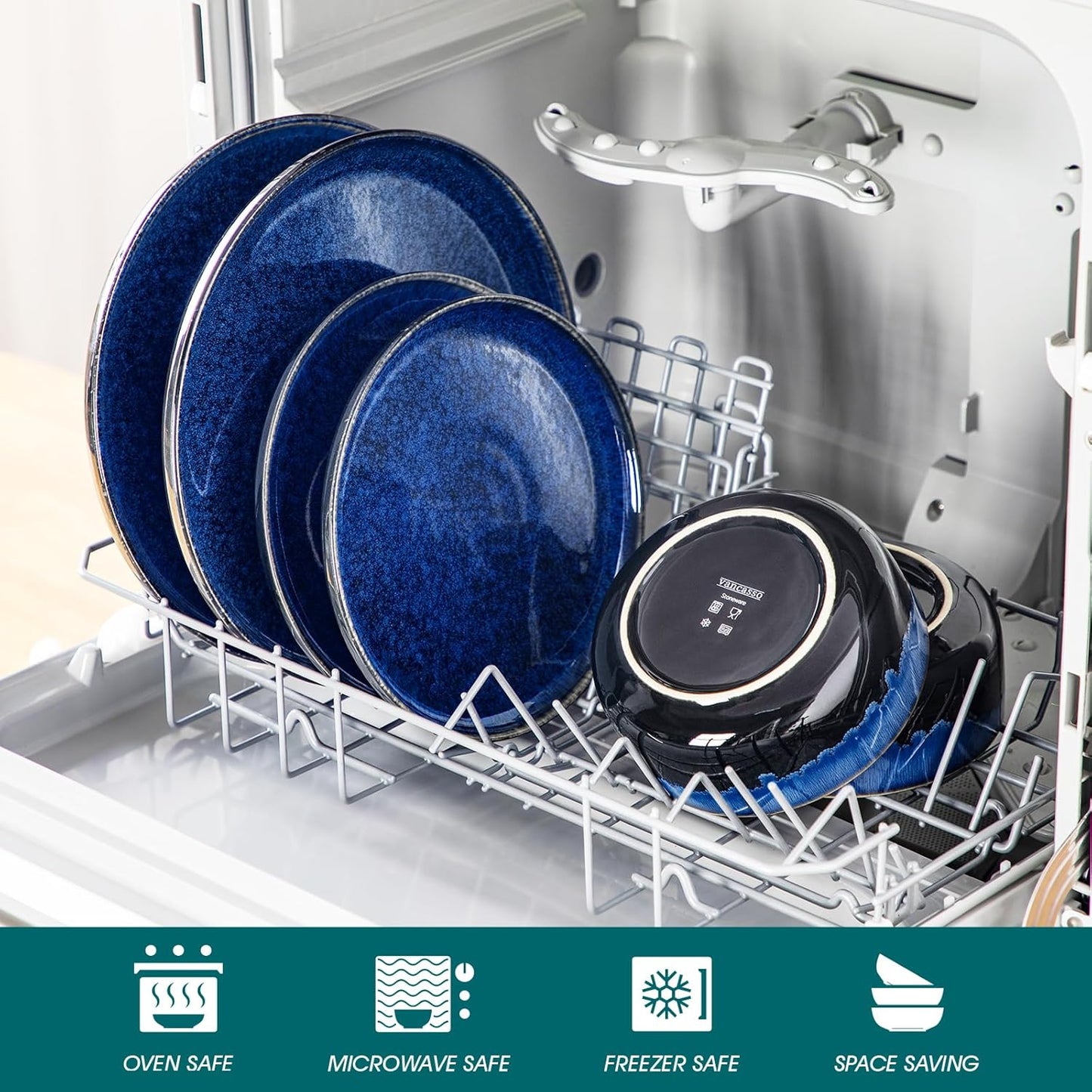 vancasso Starry 18 Pieces Dinnerware Sets for 6, Blue Reactive Glaze Dishes Sets, Ceramic Plates and Bowls Set, Dinner Salad Dessert Plates, and Cereal Bowls Set, Dishwasher and Microwave Safe