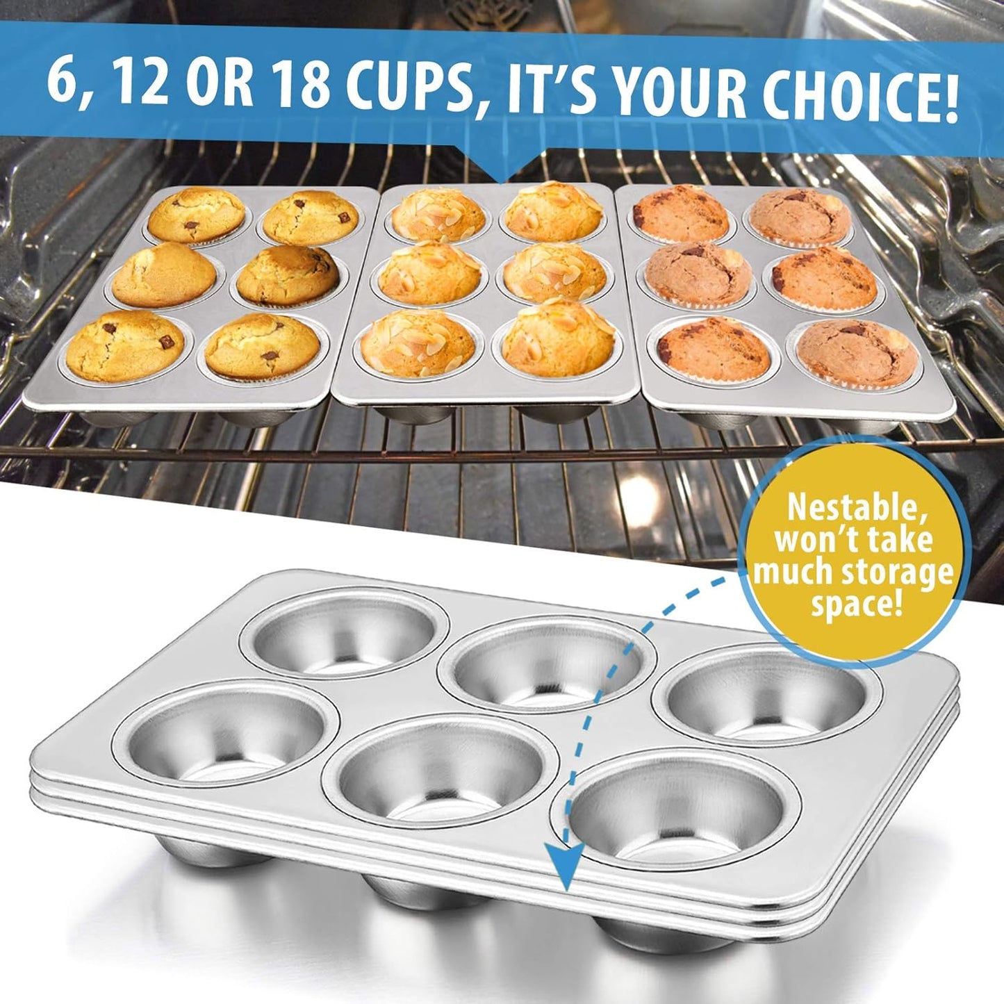 E-far Muffin Pan Set of 3, Stainless Steel Muffin Pan Tin for Baking, 6-Cup Metal Cupcake Pan Tray, Non-toxic & Healthy, Oven & Dishwasher Safe, Regular Size - 11.44 x 7.12 x 1.25 inch