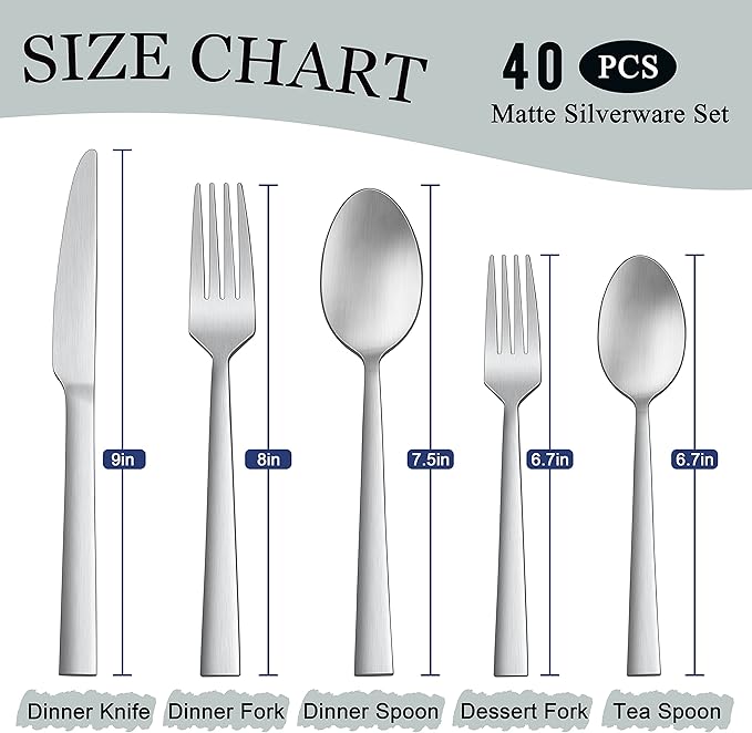 Herogo 40-Piece Matte Silverware Set for 8, Stainless Steel Square Flatware Cutlery Set, Tableware Eating Utensils Include Knife Spoon Fork, Satin Finish, Dishwasher Safe