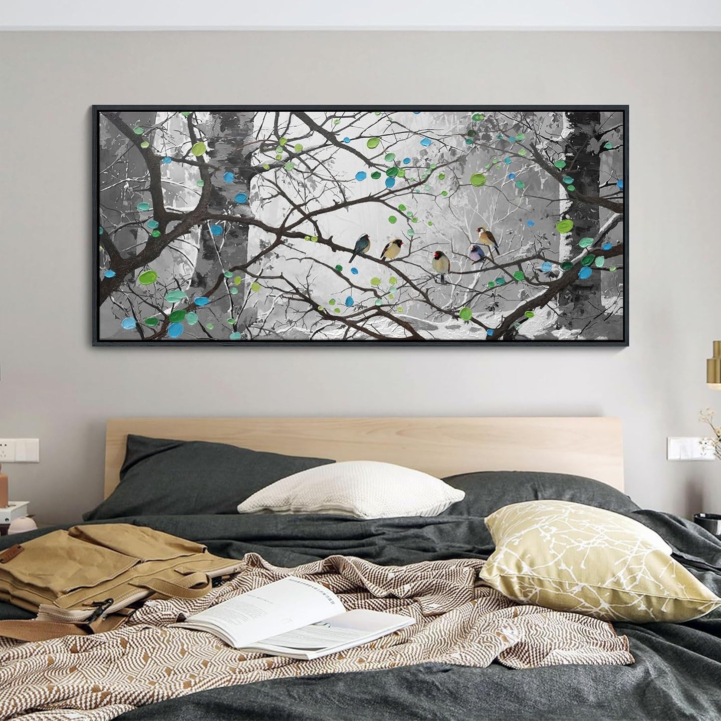 YCPRIMER Extra Large Grey Wall Art Bird on Branch Misty Forest Canvas Artwork Modern Framed Canvas Painting Decorative Home Decor Easy Be Hung Directly Dining Room Living Room Bedroom Office Size 70x31 Inches