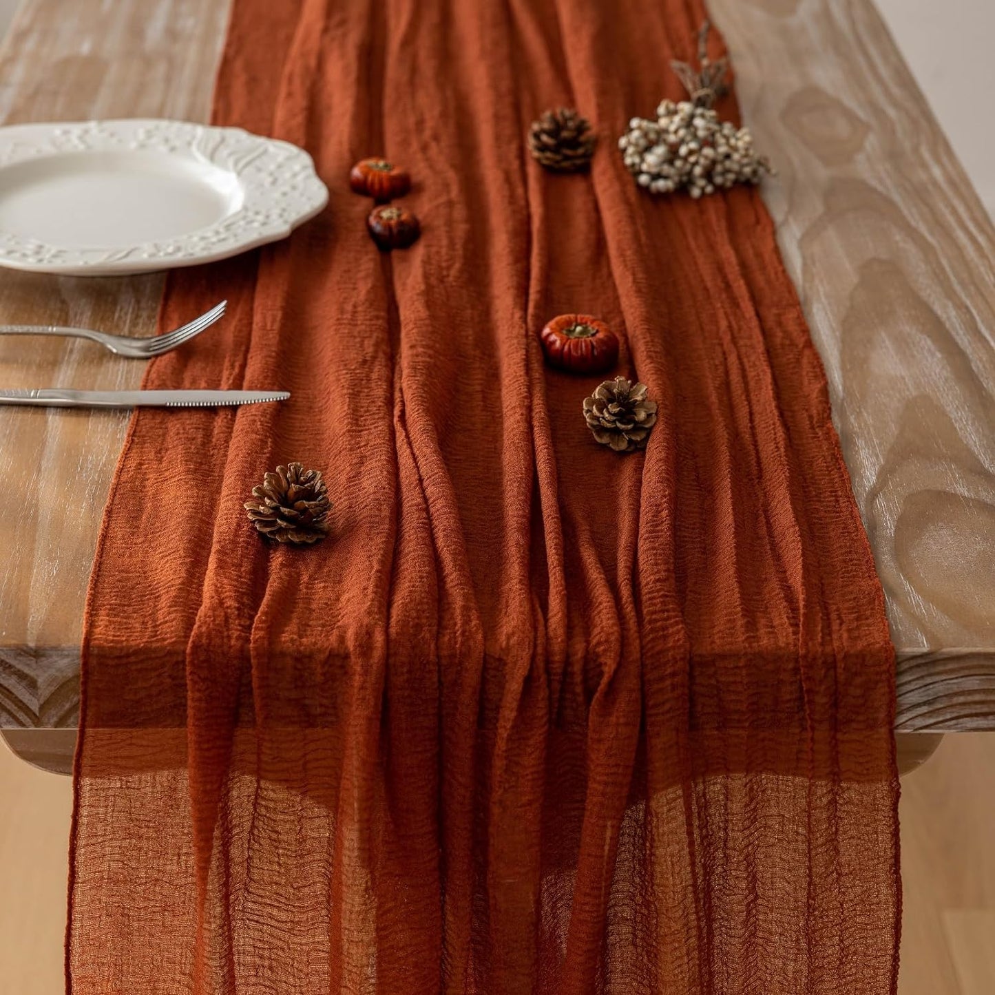 Thanksgiving Fall Table Runner Terracotta Gauze 120 Inch 10 FT Rustic Burnt Orange Sheer Cheese Cloth for Bridal Shower Friendsgiving Party Centerpiece Decor Fall Decorations for Home
