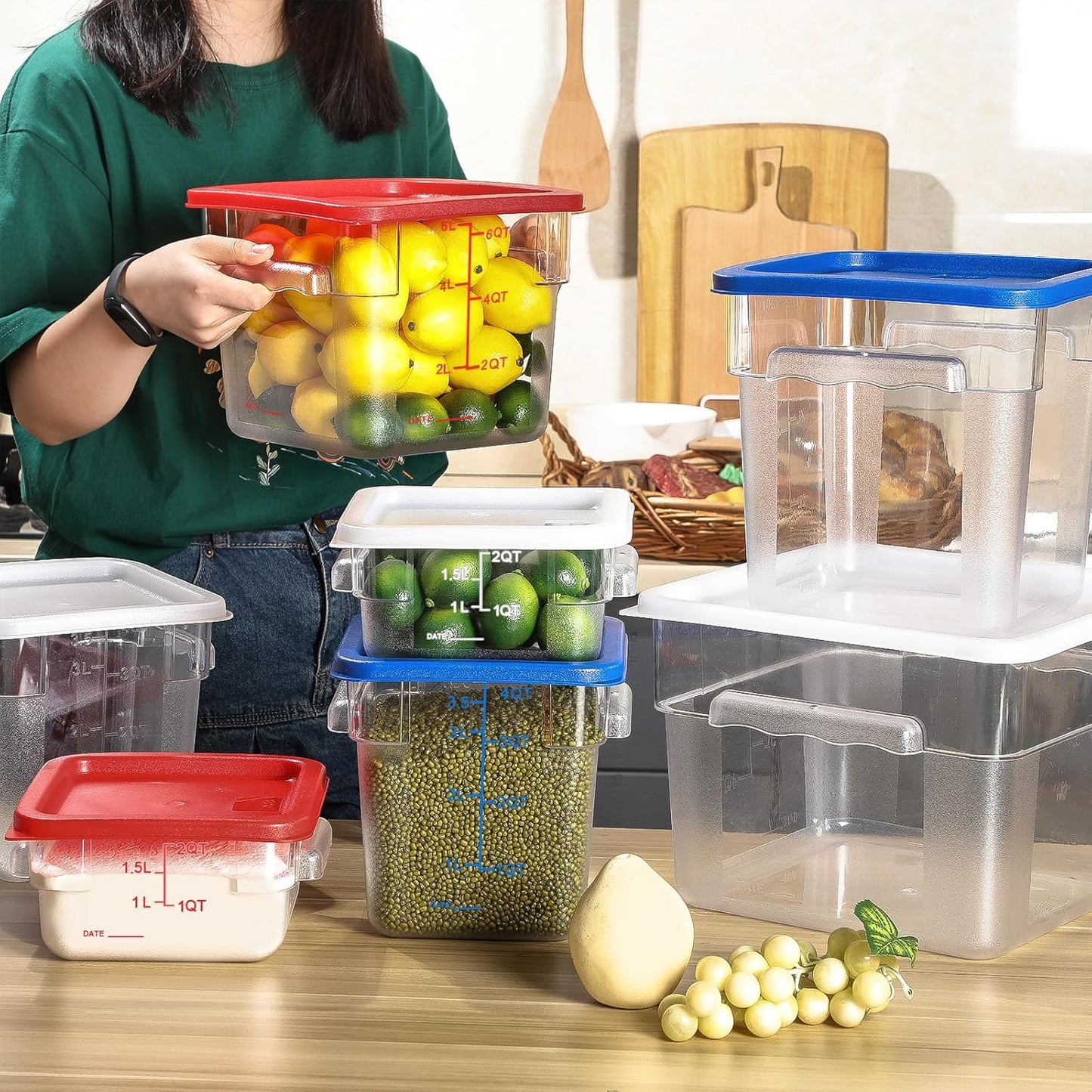 Maxcheck 4 Pcs 4Qt Food Storage Container with Lids Set Square Clear Commercial Containers with Scale and Handle Space Saving for Home Kitchen Restaurant Proof Dough Marinating Meat (Multicolor)