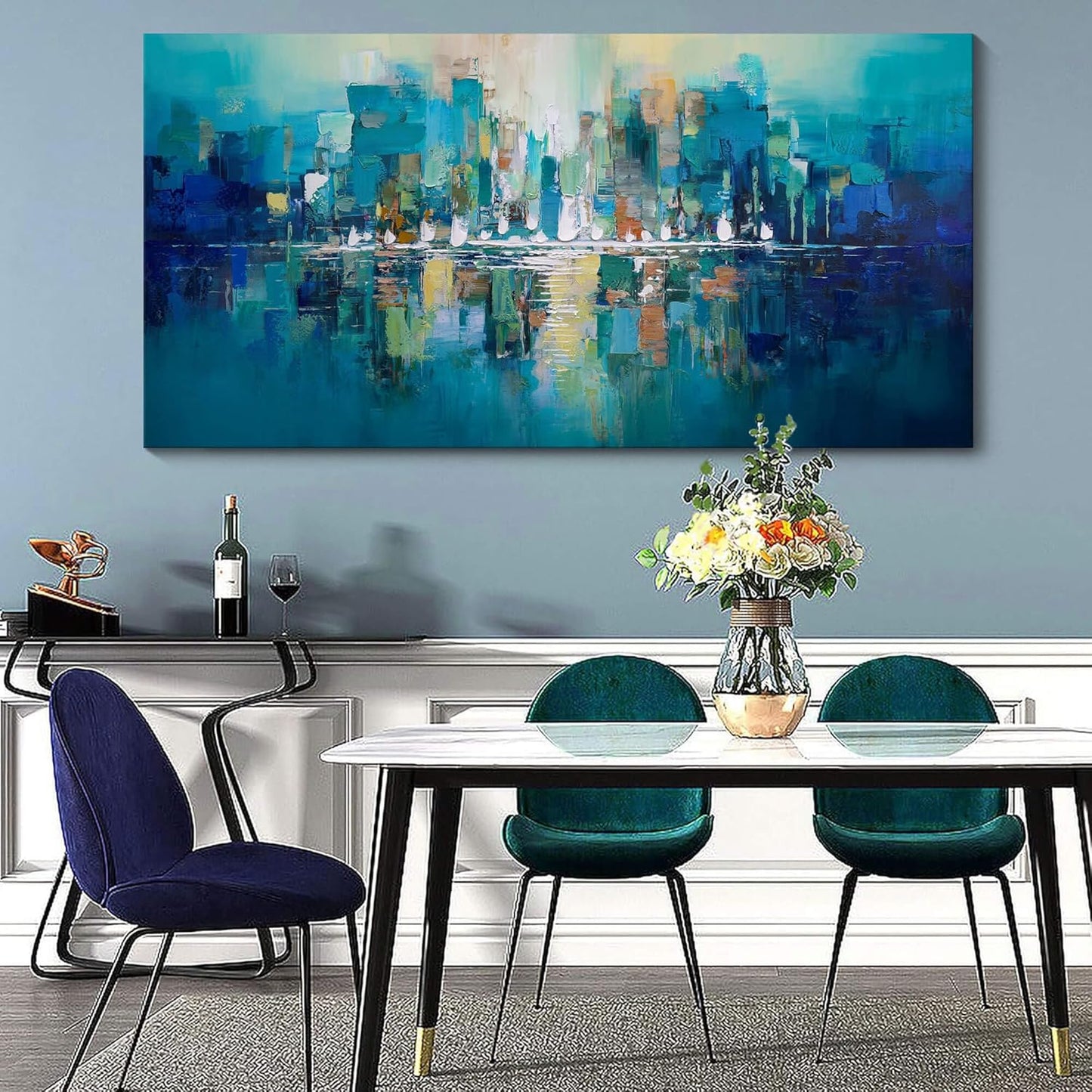 YDYSUNE Large Canvas Wall Art for Living Room - Abstract Wall Decor City View Framed Picture Artwork for Decorative Paintings Teal and White Modern Office Bedroom Art Size 29x58inch