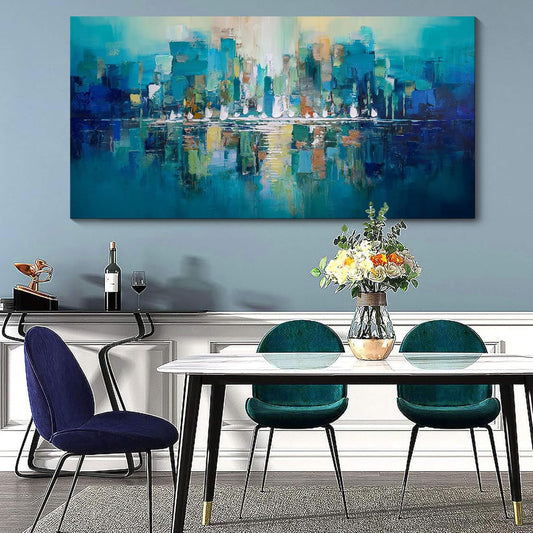 YDYSUNE Large Canvas Wall Art for Living Room - Abstract Wall Decor City View Framed Picture Artwork for Decorative Paintings Teal and White Modern Office Bedroom Art Size 29x58inch