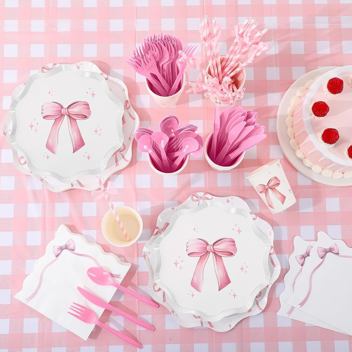 Sawysine 202 Pcs Pink Bow Party Supplies Serve 25 Disposable Dinnerware Set 50 Plates 25 Cups 25 Napkins 25 Plastic Forks 25 Knives 25 Spoons 25 Straw Flag Tablecloth