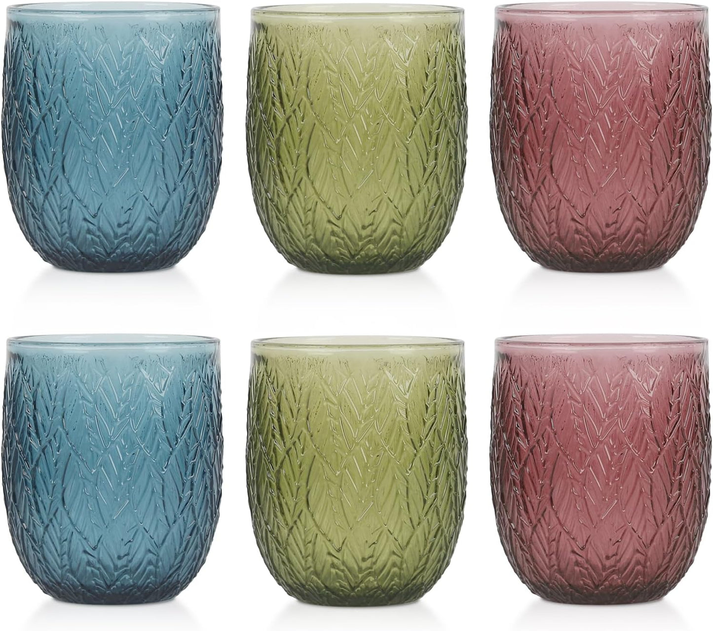 Colored Glasses Drinking Set of 6, 12oz Vintage Drinking Glasses, Drinking Glasses for Cocktail, Beer, Wine, Whiskey, Water & Juice Drinkware (Willow Leaf 6PCS)