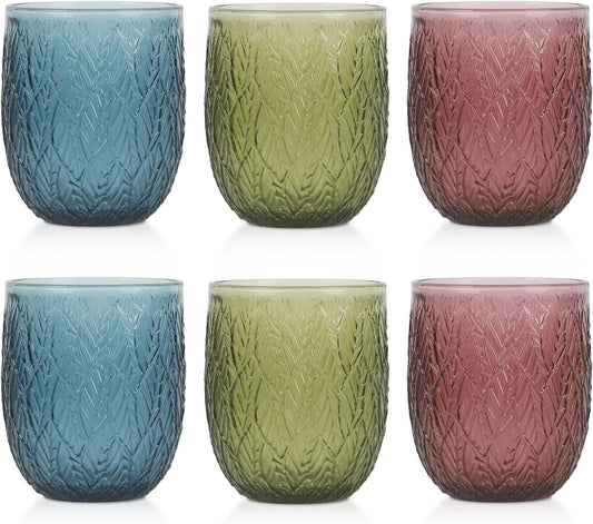 Colored Glasses Drinking Set of 6, 12oz Vintage Drinking Glasses, Drinking Glasses for Cocktail, Beer, Wine, Whiskey, Water & Juice Drinkware (Willow Leaf 6PCS)