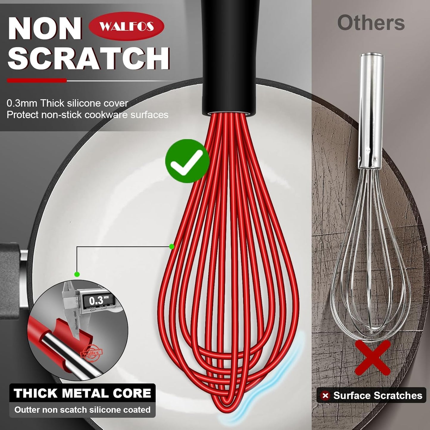 Walfos Whisk,Silicone Whisk Non Scratch-Whisks for cooking set of 4 Heat Resistant(480°F).Nice for Blending Beating Stirring and Kitchen Cooking &Baking.BPA Free and Dishwasher safe.(5+7+9+11inch )Red