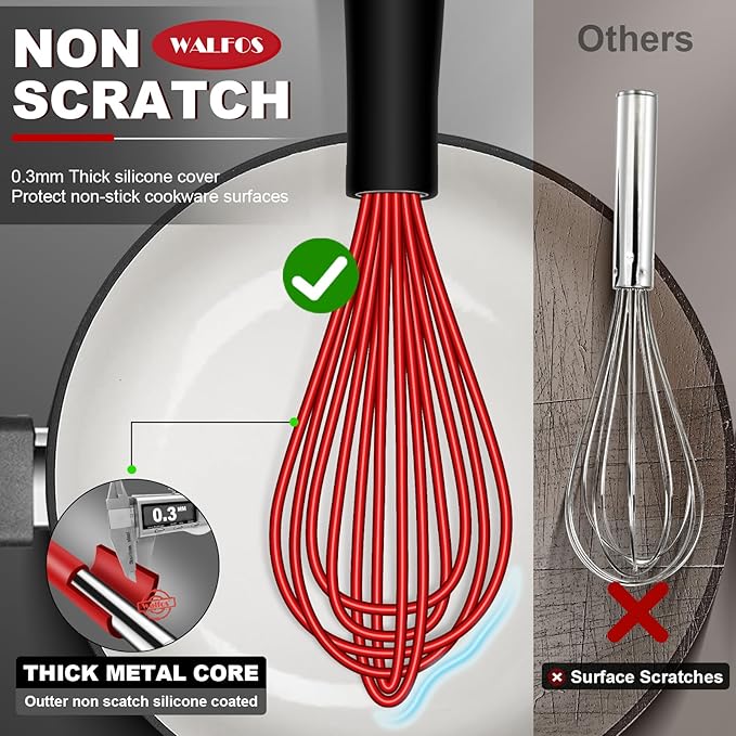 Walfos Whisk,Silicone Whisks- Heat Resistant（480°F） Silicone Whisks for Cooking Non Scratch,BPA free and Dishwasher Safe.Perfect for Blending,Whisking,Beating, Set of 3(Red)