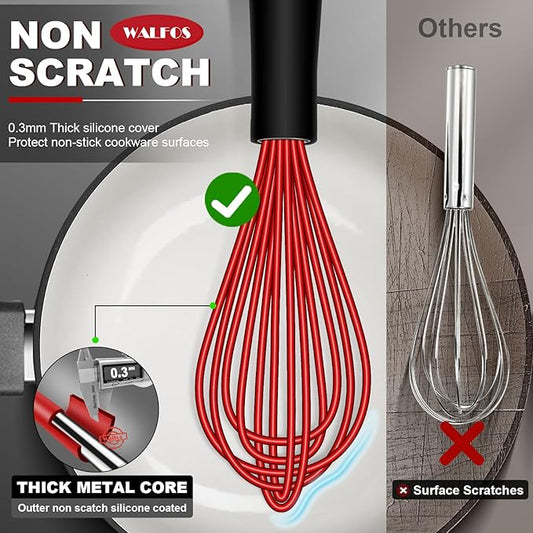 Walfos Whisk,Silicone Whisks- Heat Resistant（480°F） Silicone Whisks for Cooking Non Scratch,BPA free and Dishwasher Safe.Perfect for Blending,Whisking,Beating, Set of 3(Red)