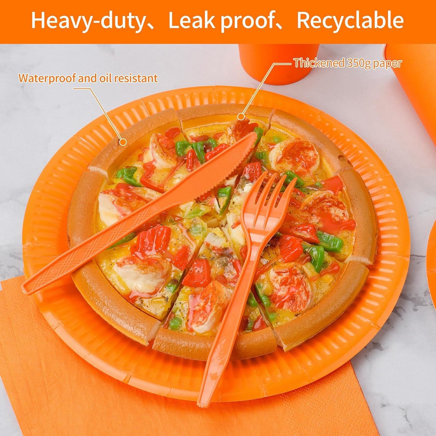 210pcs Orange Paper Plates Disposable Tableware Party Supplies- Includes 9" Dinner Plates, 7" Dessert Plates, 9oz Paper Cups, Napkins, Plastic Forks, Knives And Spoons For All Holiday Parties