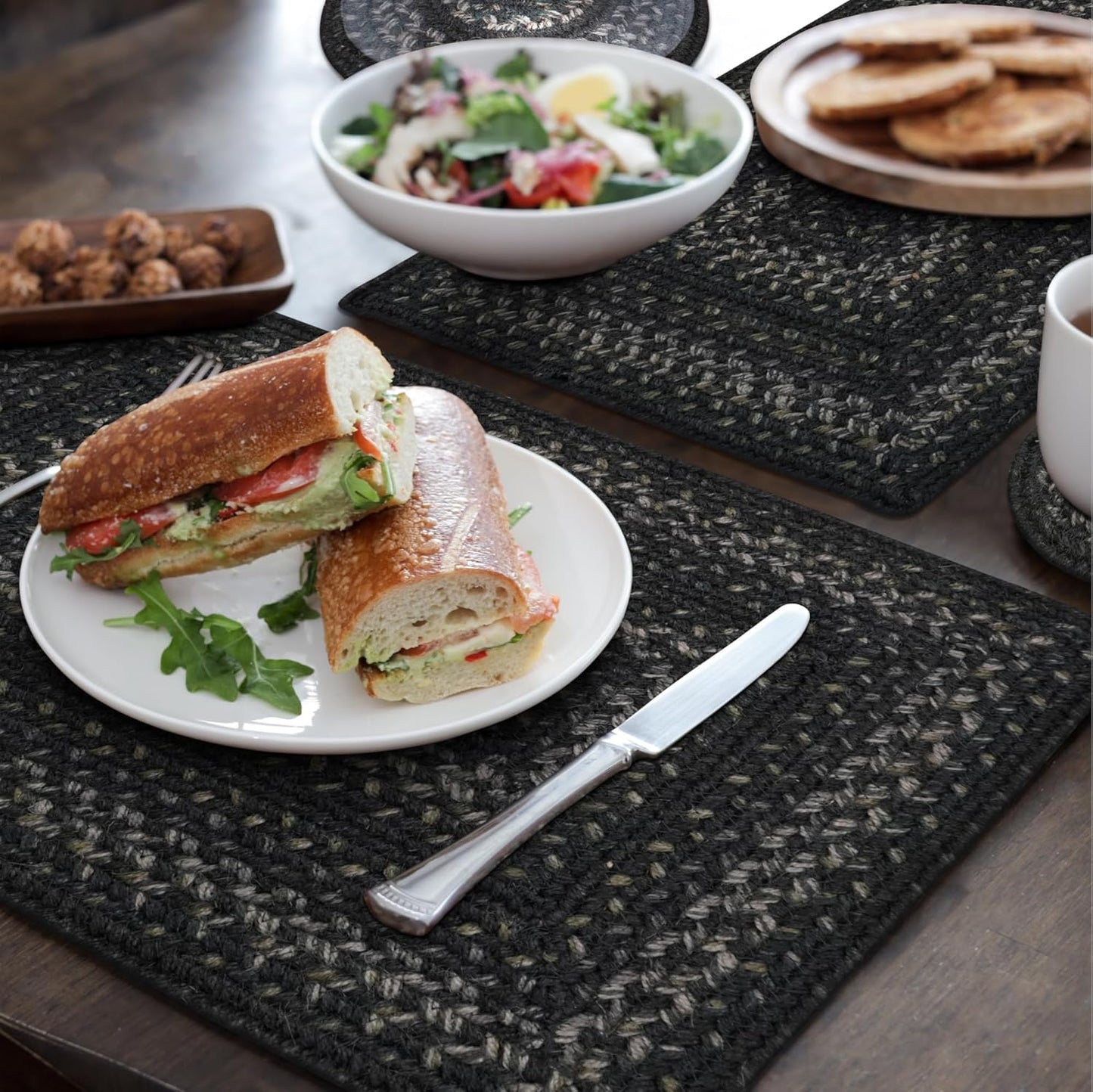 Homespice Jet Black Dining Placemats, Warm Primitive Decor, Set of 6-13x19 Rectangle Table Mats - Vibrant Colors, Durable, Easy to Clean and Protects Furniture