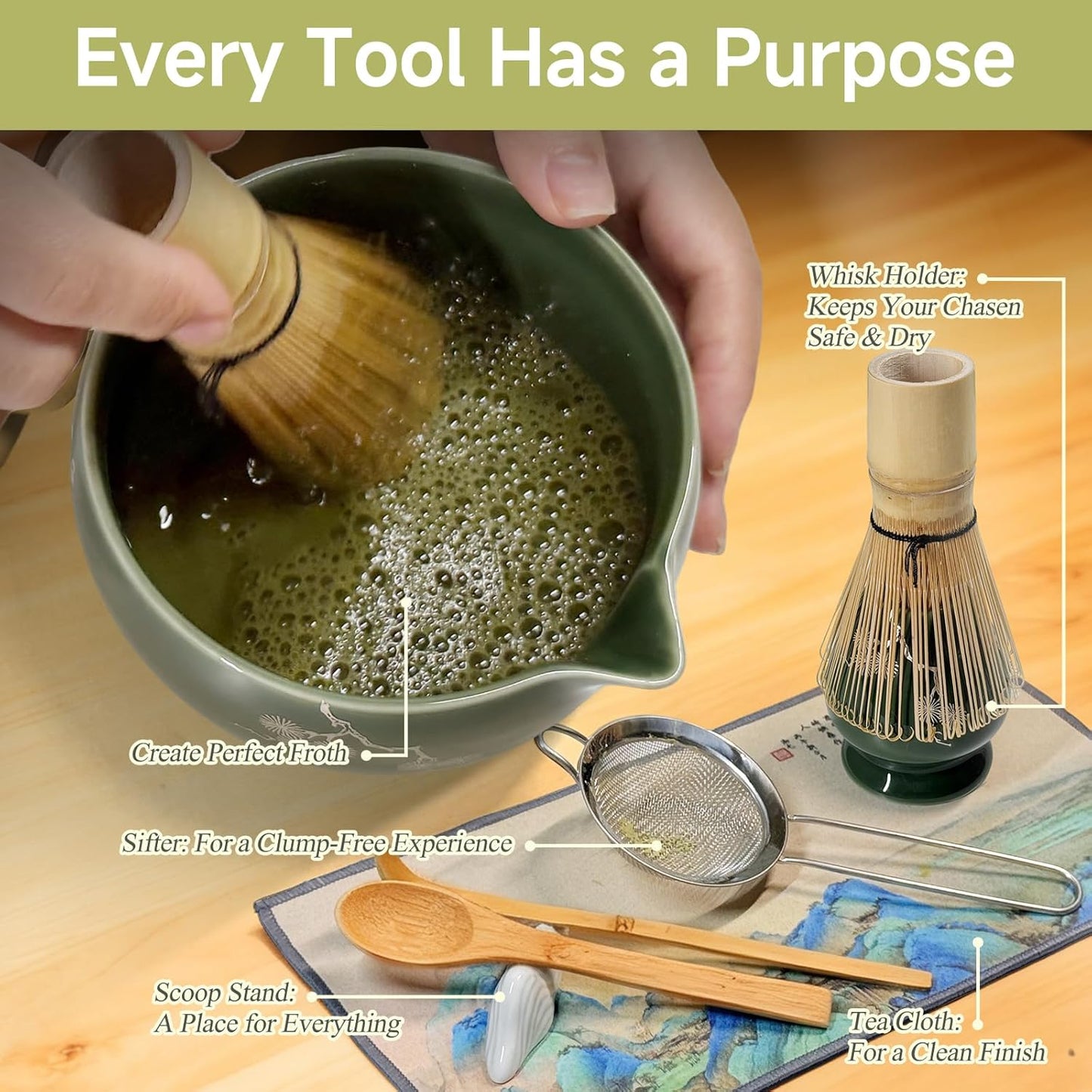 Matcha Whisk Set with Ceramic Bowl - Bamboo Whisk (Chasen), Scoop, Sifter & Holder - Complete Kit for Traditional Matcha Tea - Unique Gifts for Tea Lovers (Celadon Veil)