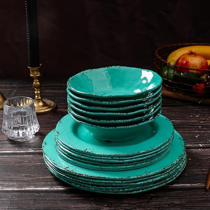 18-Piece Farmhouse Melamine Dinnerware Set - Shatterproof, Lightweight, and Durable Outdoor Dining Plates, Bowls, and Serving Dishes for Everyday Use, Camping, and Picnics, Light Green