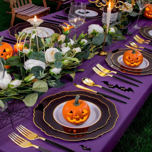 WDF 30Guest Black and Gold Plastic Plates - New Year Plates - Gold Plastic Silverware With Black Handle Baroque Black and Gold Disposable Dinnerware for Halloween & New Year &Parties