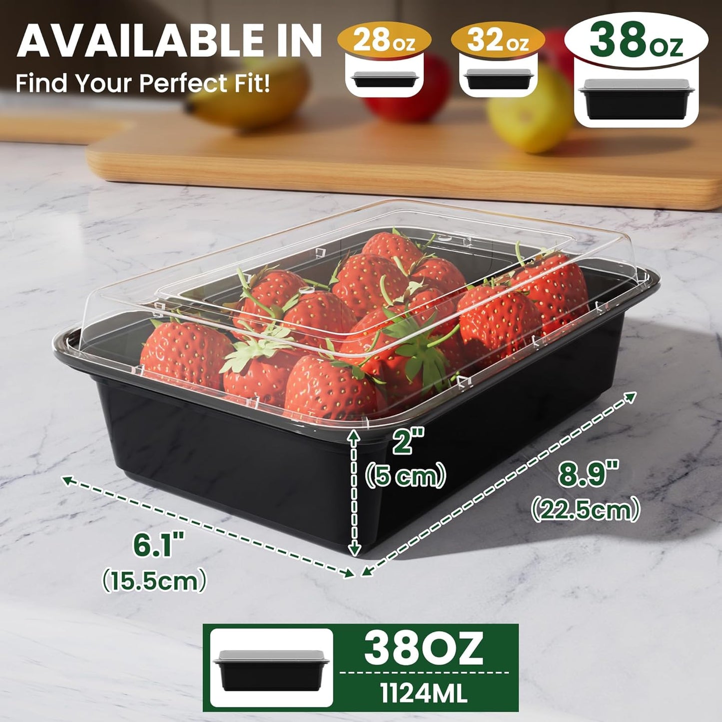 38oz Meal Prep Containers [50-Pack], Reusable Bento Box with Easy-Snap Leakproof Lids - Microwave, Dishwasher & Freezer Safe Food Storage, BPA-Free Plastic Lunch Containers (Black)