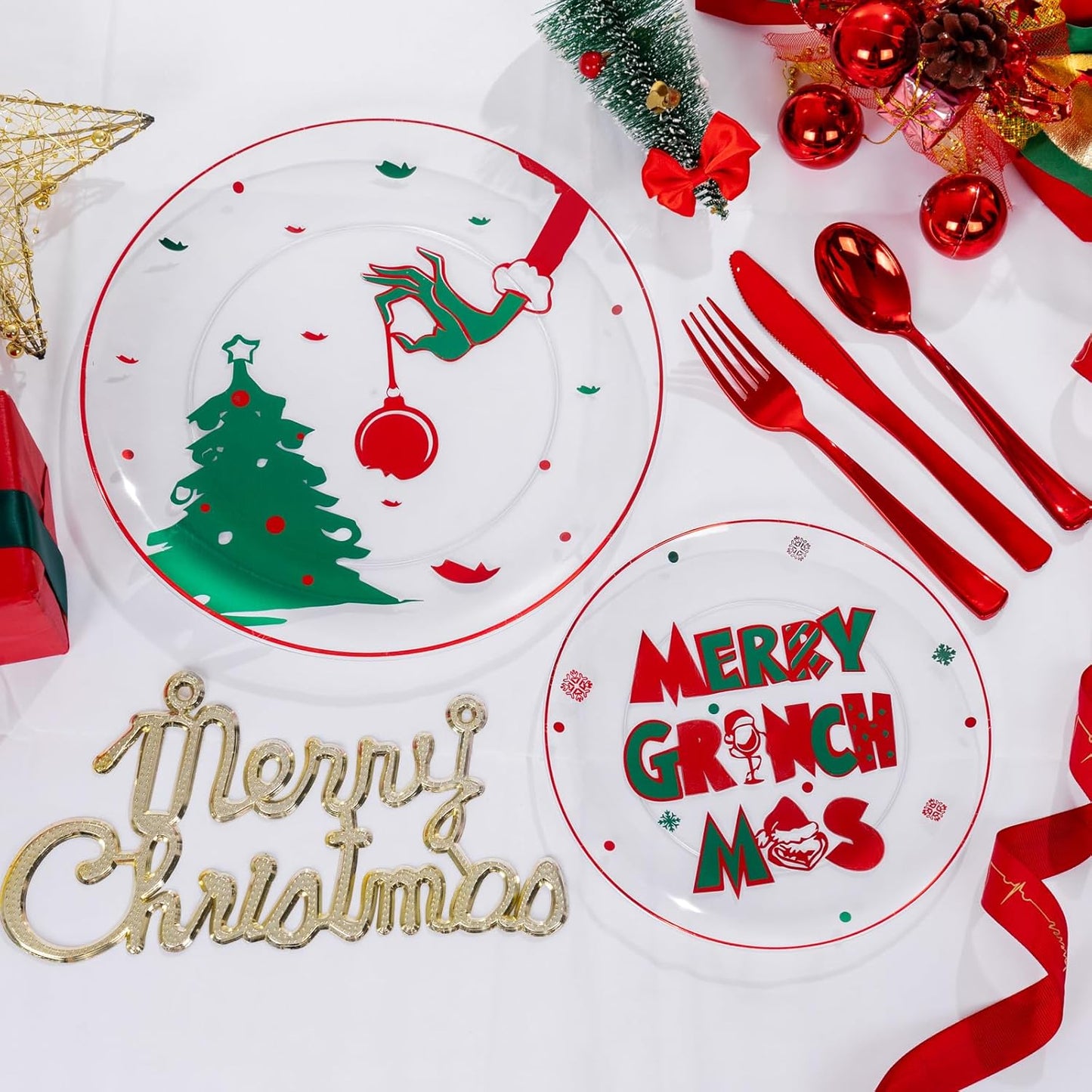 DaYammi 210Pcs Clear Green Monster Plastic Plates Disposable Christmas Dinnerware Set Include 30 Dinner Plates,30 Dessert Platos,30 Forks,30 Knives,30 Spoons,30 Cups,30 Napkins for Christmas Party