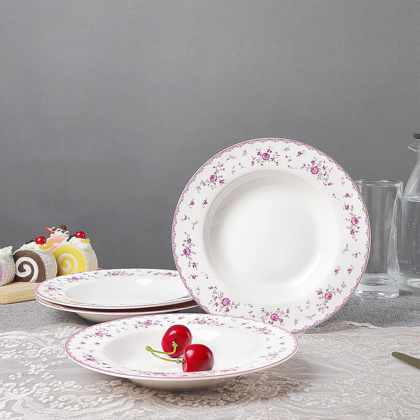 fanquare 8 Inch Porcelain Soup Bowls Set of 4, Round Pasta Plates Set for Salad, Dessert, Snack, Pink Roses