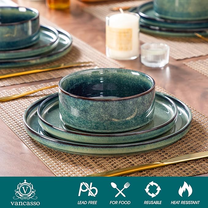 vancasso Starry Plates and Bowls Sets,12 Pieces Green Dinnerware Sets for Kitchen,Modern Stoneware Dishes Set for 4,Dishwasher and Microwave Safe