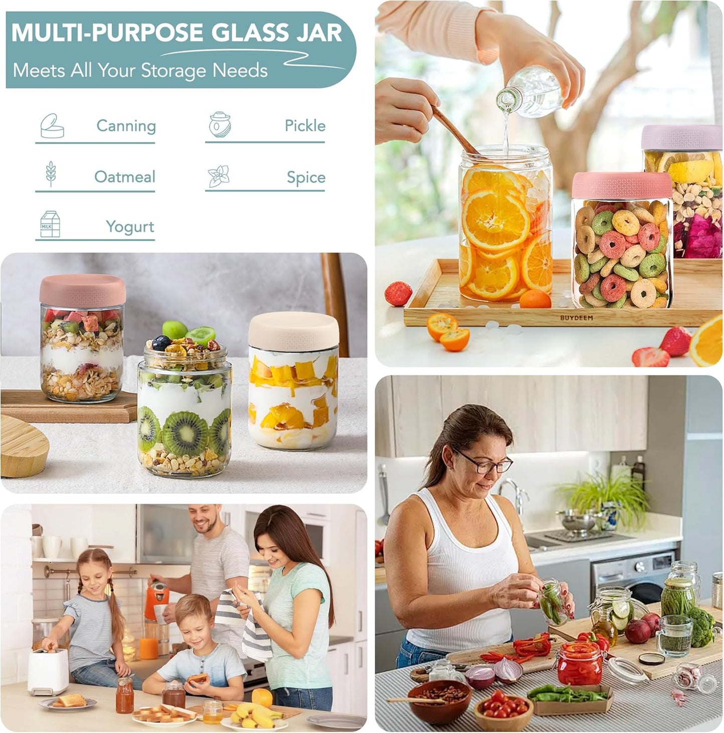 6-pack Overnight Oats Containers with Lids, 16oz Clear Glass Jars with Airtight Lids, Wide mouth Mason Jars, Food Storage Containers for Meal Prep Chia Spice Cereal Snacks Yogurt Salad Pudding Sugar