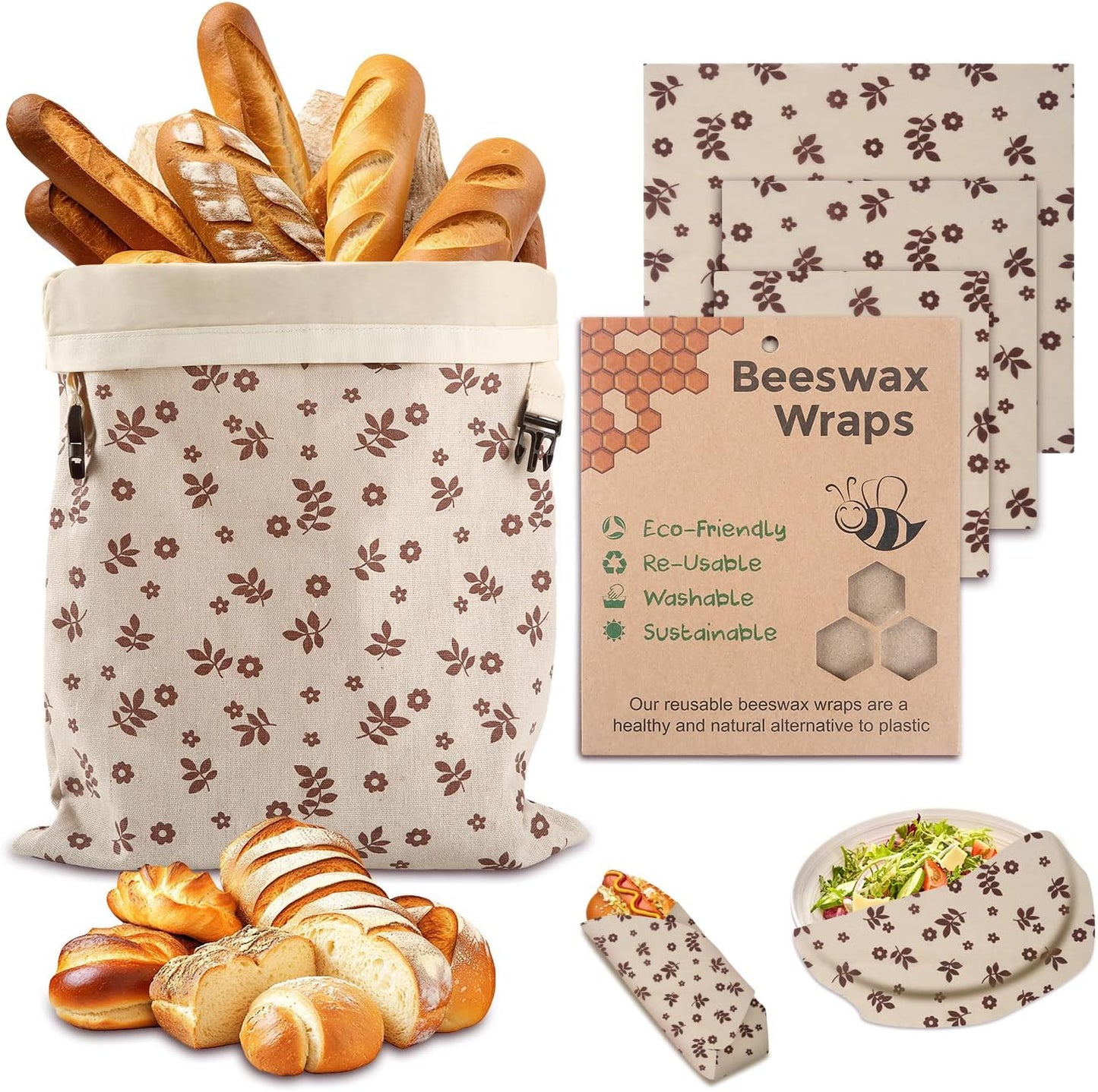 Beeswax Bread Bags, Reusable Organic Linen Beeswax Bread Bag for Sourdough, Keep Fresh and Large Capacity Portable Sourdough Storage Bags & 3 Beeswax Wraps for Gifting, Must-Have Baking Accessories