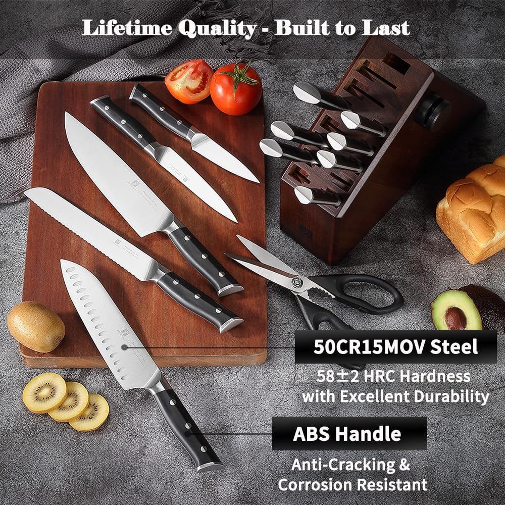 Knife Set,15-Piece Kitchen Knife Set with Block and Sharpener,50Cr15Mov High Carbon Stainless Steel,Razor Sharp Professional Knives,Ultra-Smooth knife,Ergonomic Black Anti-slip Handles,Dishwasher Safe