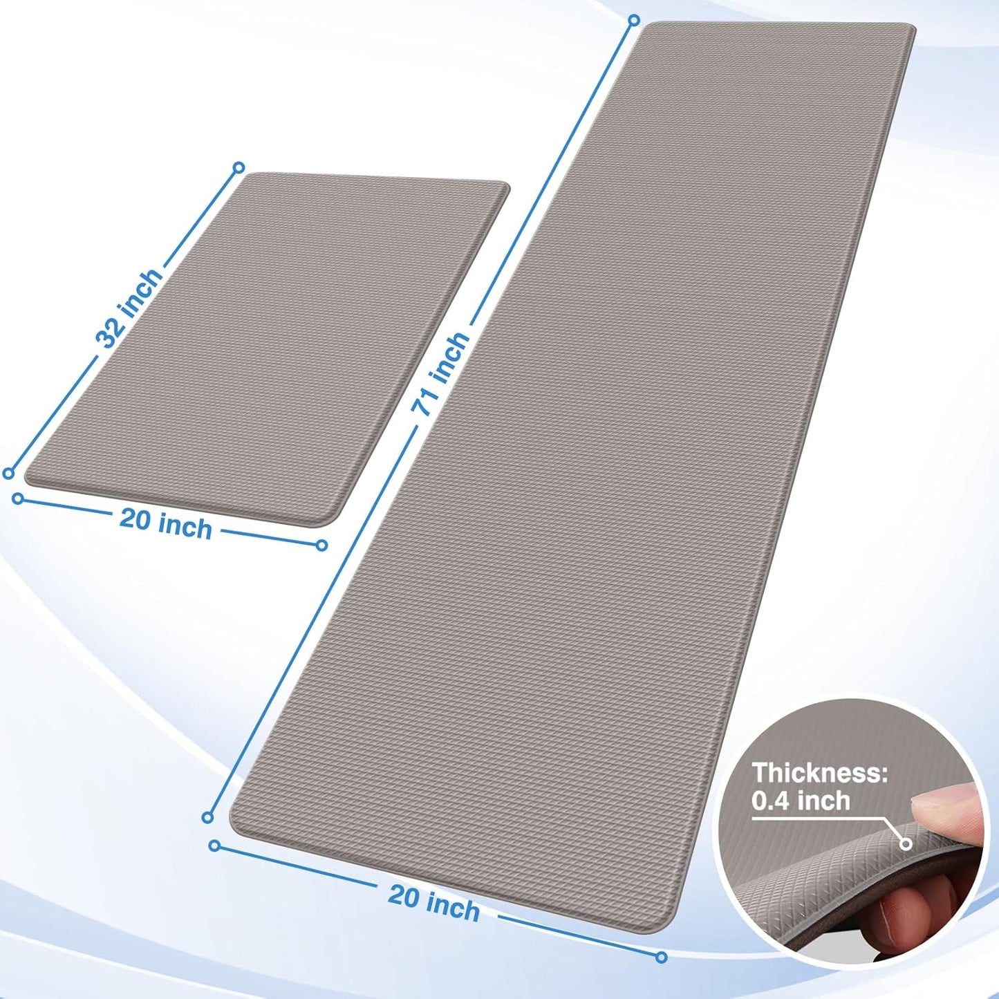 StepRite Kitchen Mats, 2PCS Kitchen Rugs, Cushioned Anti Fatigue Kitchen Mats for Floor, Non-Slip Standing Desk Mat, Waterproof Kitchen Rug Set for Kitchen, 20" x 32"+20" x 71"-0.4 inch Thick, Khaki