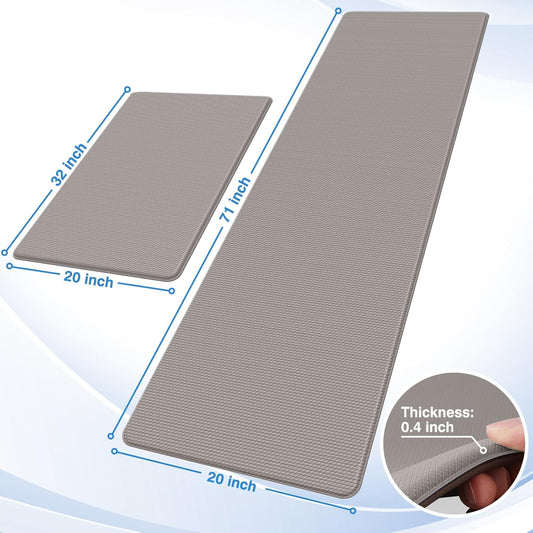 StepRite Kitchen Mats, 2PCS Kitchen Rugs, Cushioned Anti Fatigue Kitchen Mats for Floor, Non-Slip Standing Desk Mat, Waterproof Kitchen Rug Set for Kitchen, 20" x 32"+20" x 71"-0.4 inch Thick, Khaki