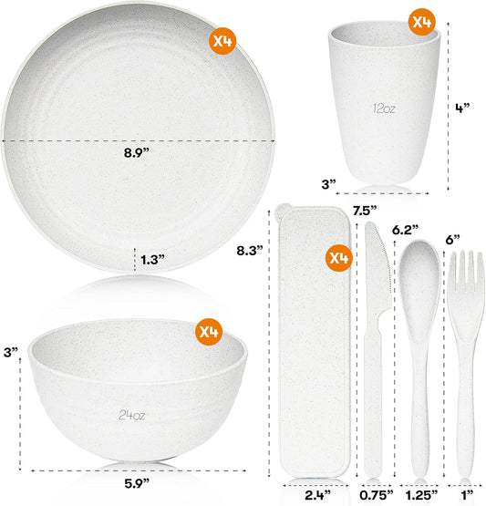 Wheat Straw Dinnerware Sets | Unbreakable Dinnerware Sets | Dishwasher Microwave Safe Dinnerware | Eco Friendly Non Breakable Dinnerware Sets | RV Outdoor Camping (White, Service for 4 (28 pcs))