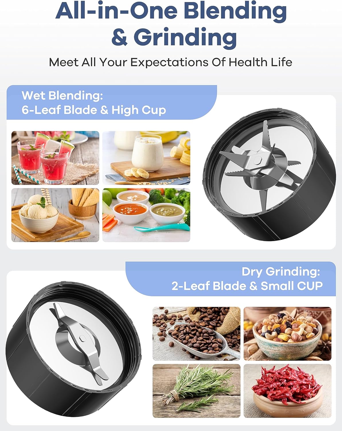 Ganiza Smoothie Blender, 900W Blenders for Shakes and Smoothies, 15-Piece Personal Blender and Grinder Combo for Kitchen, Smoothies Maker with 4 BPA-Free Portable Cup, Nutritious Recipe