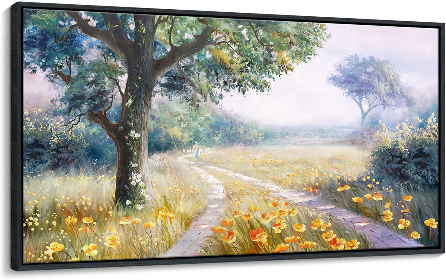 CHATYOUNG Canvas Wall Art Framed, Rustic Trails Orange flowers Landscape Wall Pictures Farmhouse Large Gallery Paintings 24"X48" for Living Room Bedroom Bathroom Birthday Gift Home Decor