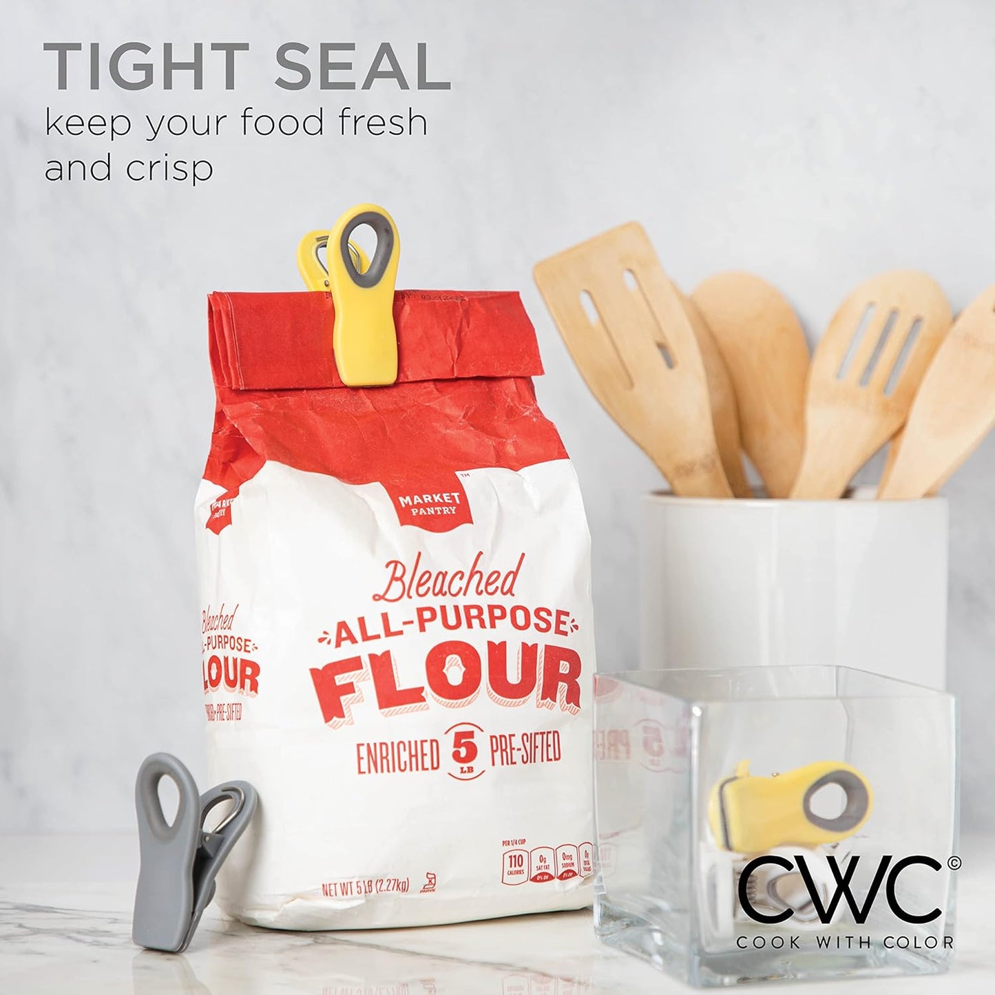 COOK WITH COLOR Bag Clips with Magnet- Food Clips, Chip Clips, Bag Clips for Food Storage with Airtight Seal Grip for Bread Bags, Snack Bags and Food Bags (Yellow and Grey, Pack of 10)