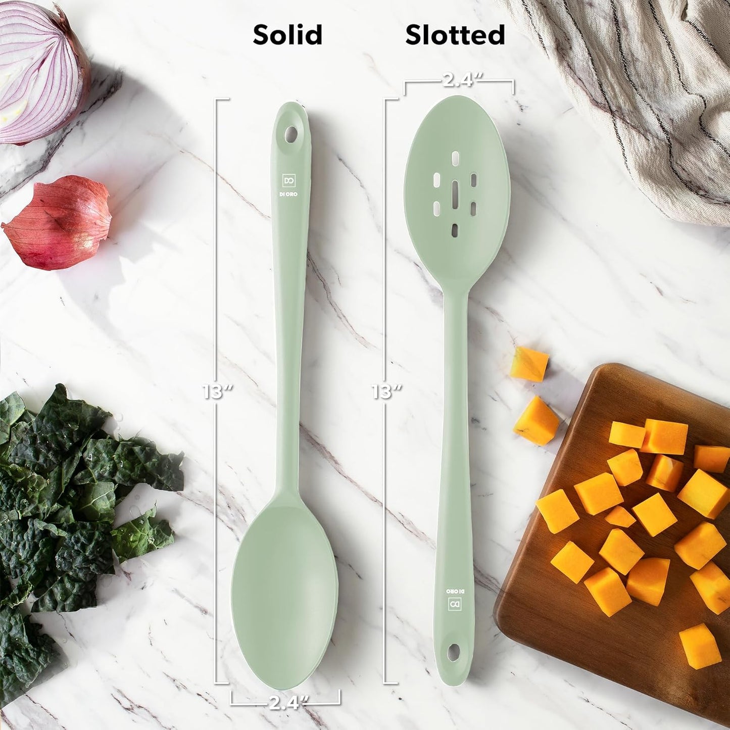 DI ORO Silicone Spoons for Cooking - Large Kitchen Spoons for Mixing, Serving, & Stirring - 600°F Heat-Resistant Non Stick Utensils – Big Solid & Slotted Basting Spoons - Dishwasher Safe (2pc, Sage)