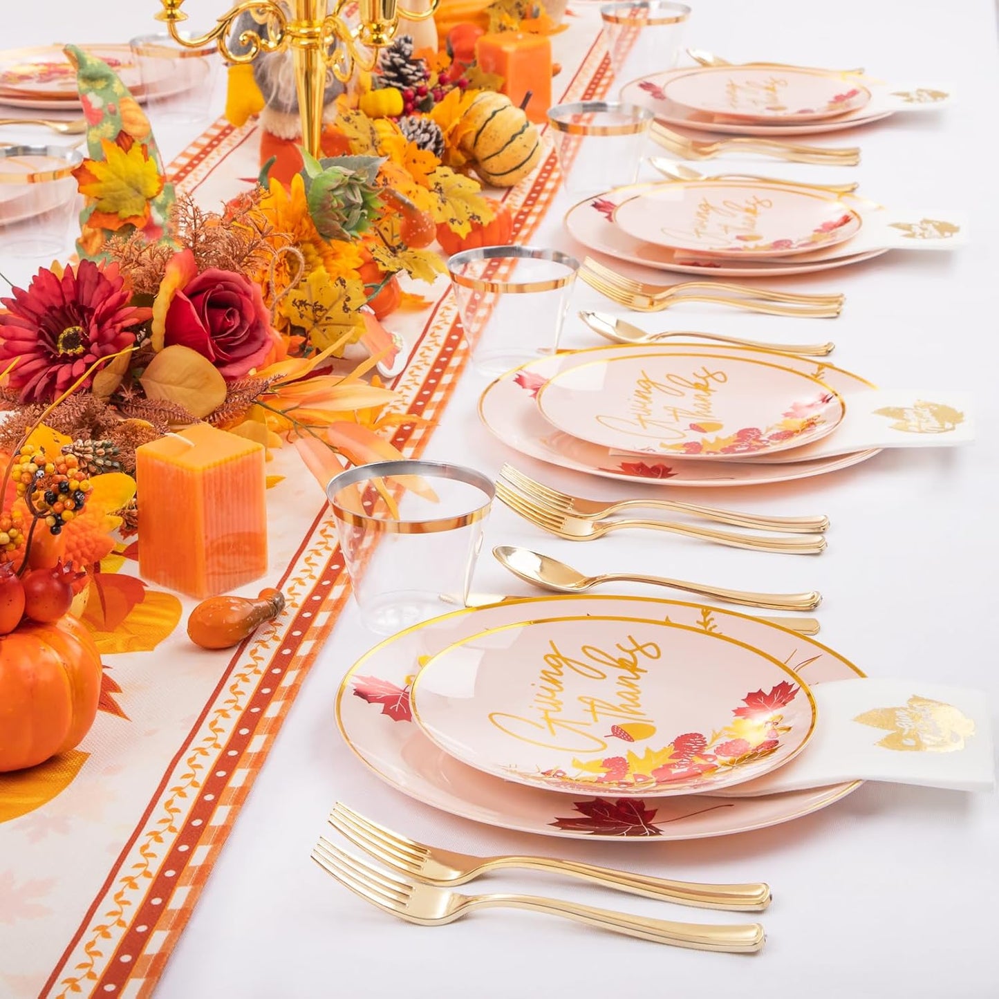 Morejoy 175PCS Thanksgiving Plastic Plates, Pink Gold Plastic Plates Disposable Include: 25 Dinner Plates, 25Dessert Plates,25 Cups,25 Forks,25 Knives,25 Spoons,25 Napkins,Perfect for Thanksgiving.