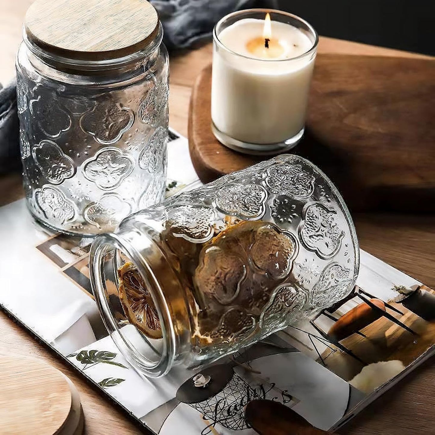 Glass Storage Jars With Airtight Lid, 23.7oz Canister For Kitchen Counter with Bamboo Lid, brown sugar, candy, coffee, cookie, salt, tea,pantry cute Jar (Begonia Flowers*1)