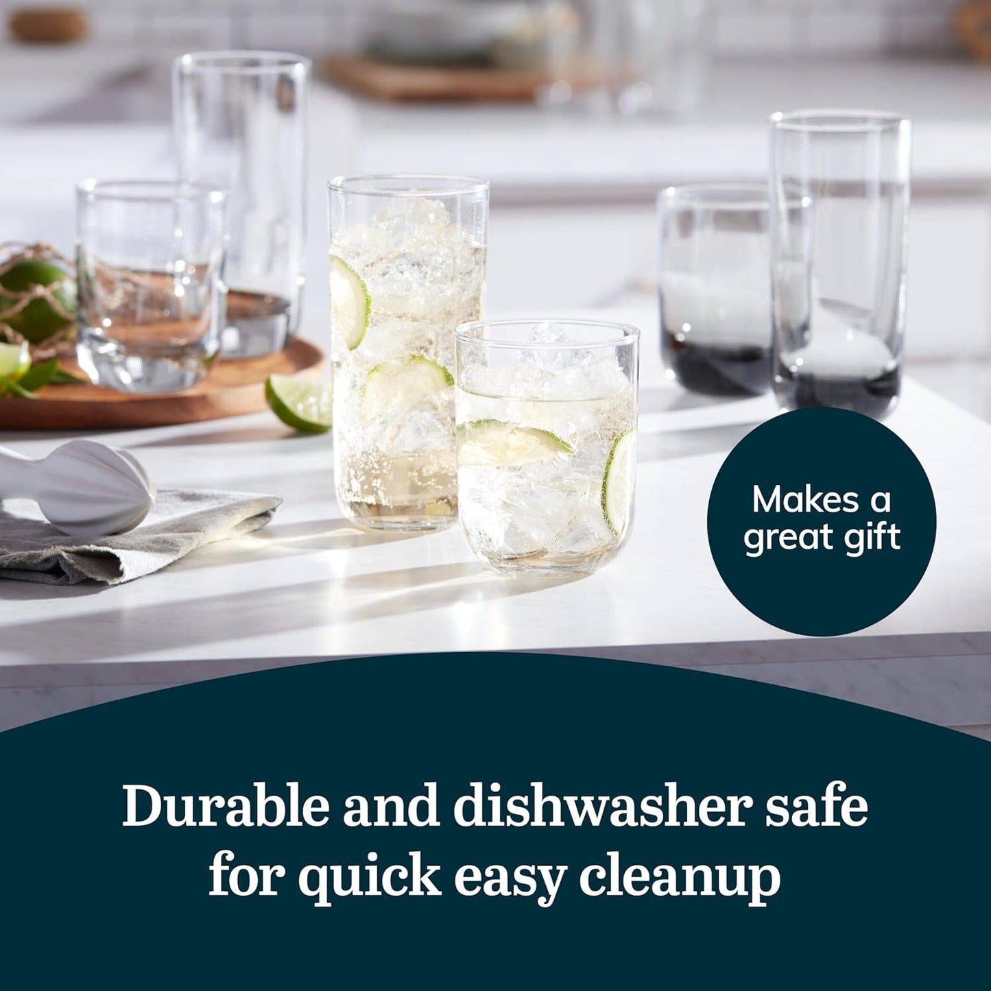 Libbey Polaris Tumbler and Rocks Glass Set, Smoke Hue Drinkware Glasses Set, Lead-Free Tall Water Glasses with Modern Clean Lines, Dishwasher Safe Drinking Glasses Set of 16