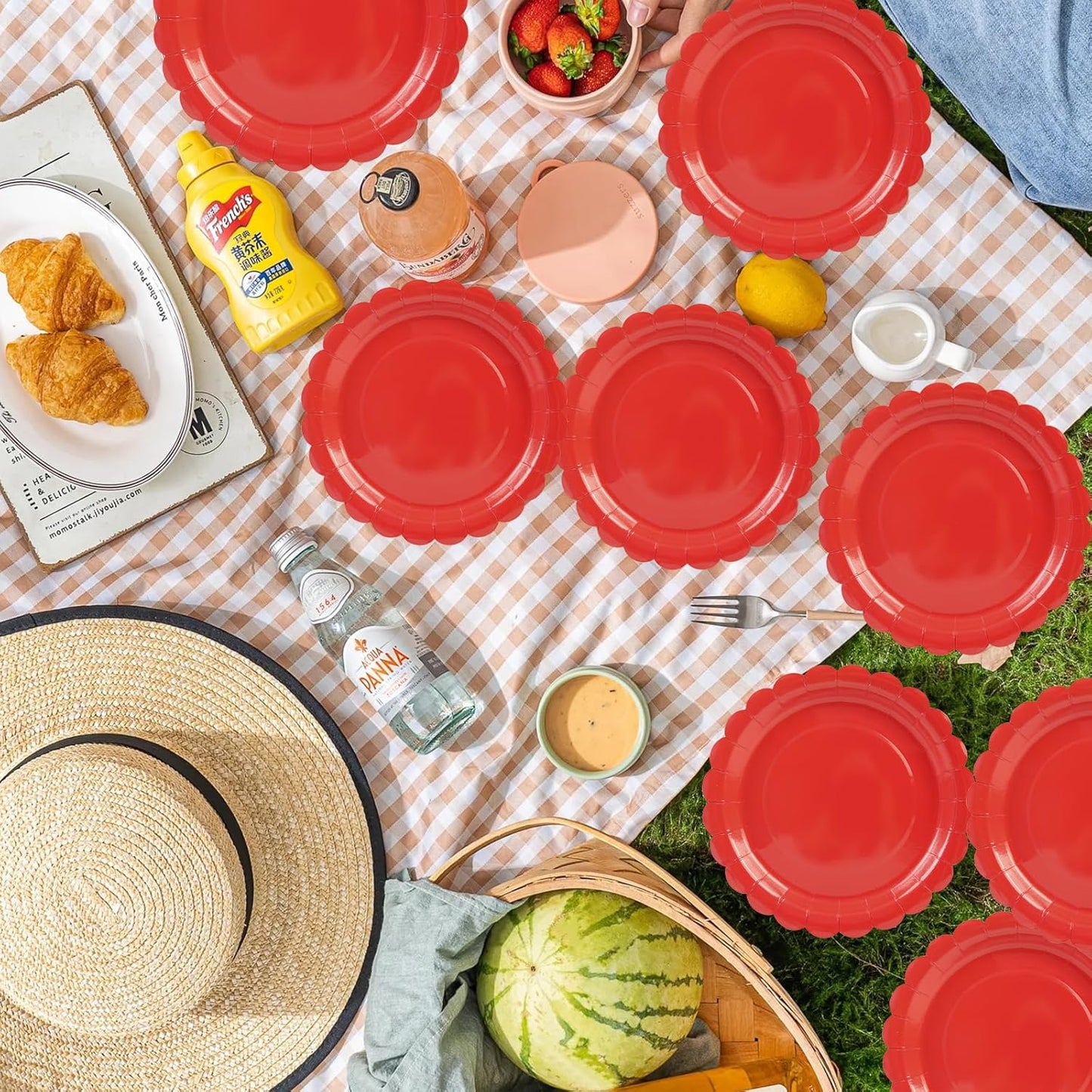 50Pcs Red Paper Plates-7 Inch Red Christmas Scalloped Plates Disposable Dessert Birthday Dinnerware Party Supplies for Wedding Baby Shower Birthday Party Table Decor