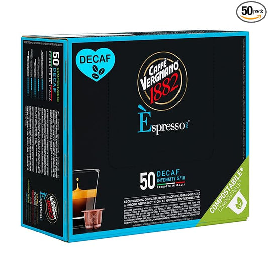 Caffe' Vergnano 1882 Decaf Medium Roast Espresso Original Line Machine Compatible Capsules, Arabica Robusta Espresso Coffee, Italian Coffee for Nespresso Machines, Intensity 5/10, Decaffeinato, 50 Ct