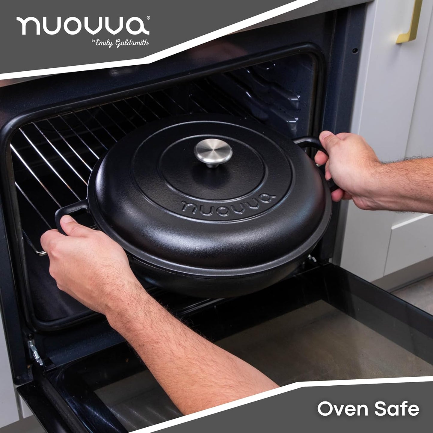 Shallow Cast Iron Casserole with Lid – Non Stick Dutch Oven Pot, Oven Safe up to 500° F – Sturdy Ovenproof Stockpot Cookware – Enamelled Cooking Pot – Black, 5-Quart, 32cm – by Nuovva