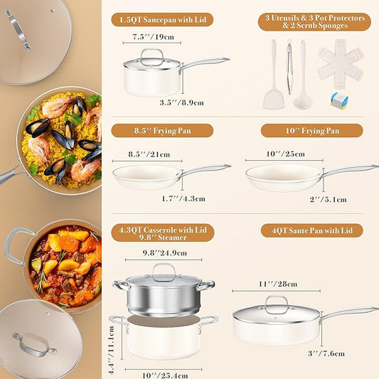PekGema Ceramic Pots and Pans Set, 16 Pcs Cookware Set Non Toxic, Nonstick Kitchen Cookware, Oven Safe Cooking Pan Set, PFAS PTFE PFOA FREE, Cream White