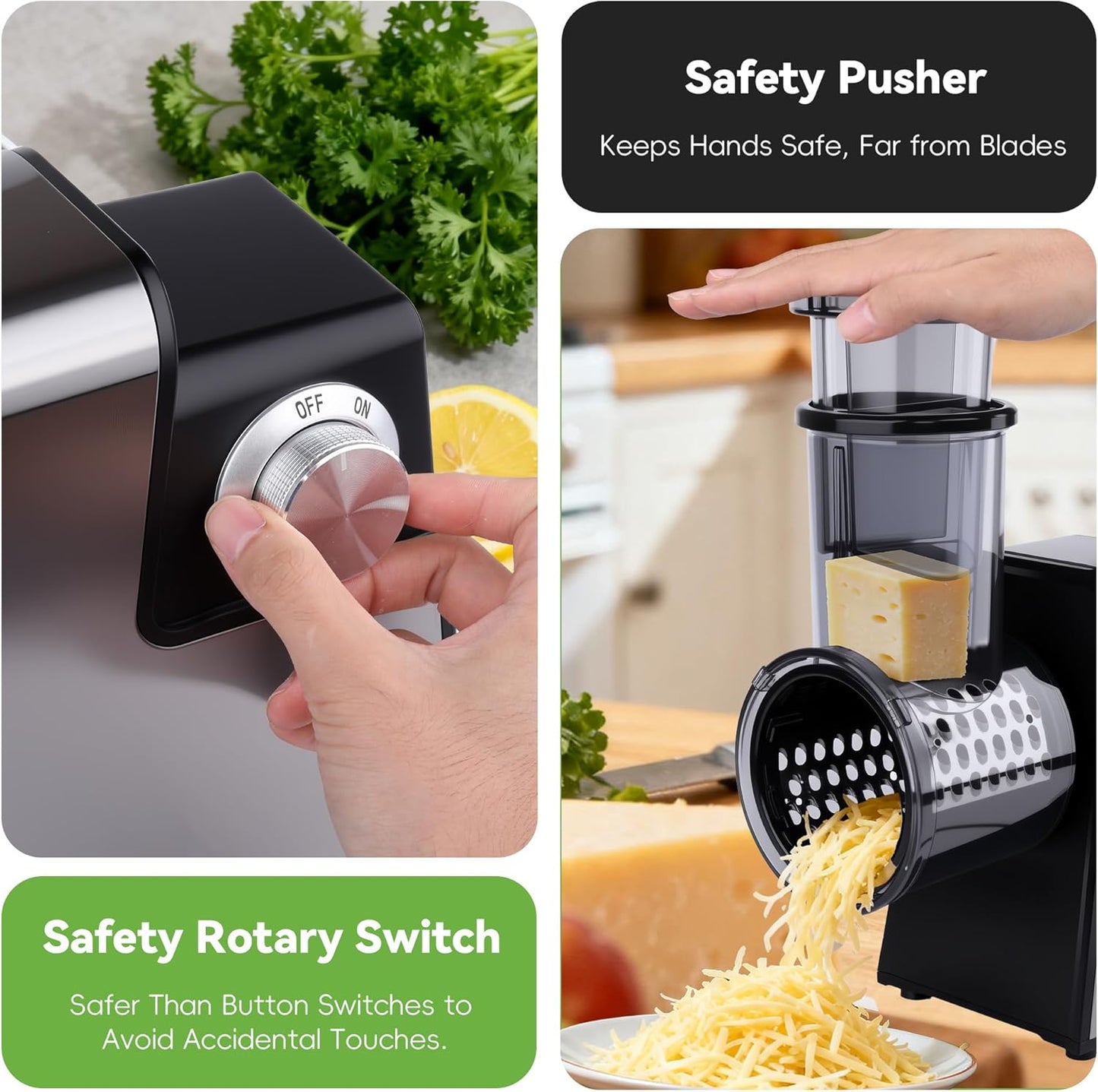 Electric Cheese Grater 7 in 1, Stainless Steel Salad Shooter, Electric Food Slicer Shredder Chopper with Rotary Switch, Automatic Grater for Block Cheese Vegetables Cucumber Carrots, 300W Salad Maker